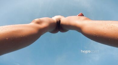 Sweet brunette babe and her solo on beach