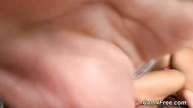 Busty brunette babes get messy with aggressive fingering and vibrating toys in this high-voltage homemade show