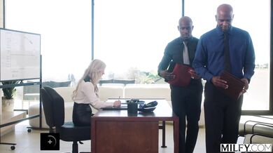 Lani Rails trades her professional power for pure pleasure while being drilled by two naughty employees