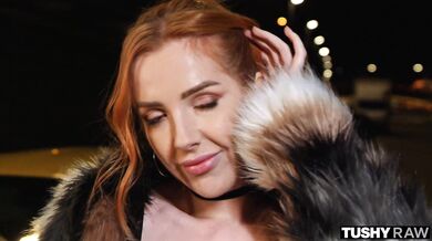 Petite redhead demonstrates her flexibility while taking a thick cock deep inside her rectum