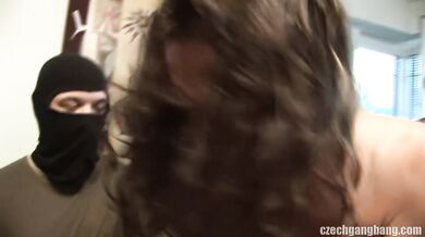 Watch her surrender to a line of hard cocks while her boyfriend stays in the corner