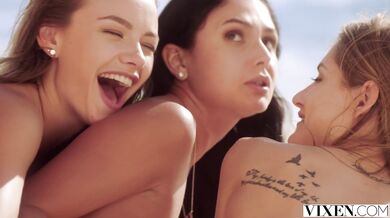 Wild beach session with three babes ending with a massive triple facial